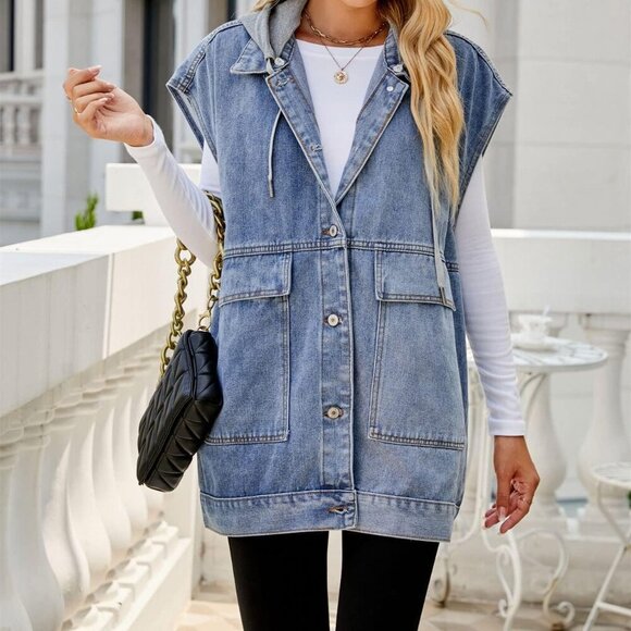 Women's Oversized Denim Vest Mid Long Jean Vest Sleeveless Jackets Distressed Ve - Picture 3 of 6